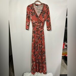 Elegant Floral Long Sleeve Dress in Rust